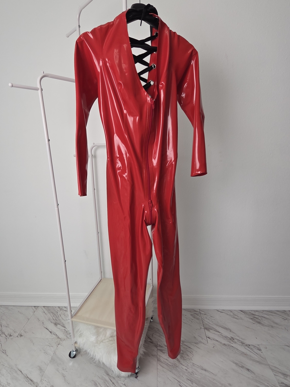 Red Lividex V-Neck Satine Catsuit Front Zip and Lace-Up Back 3XL